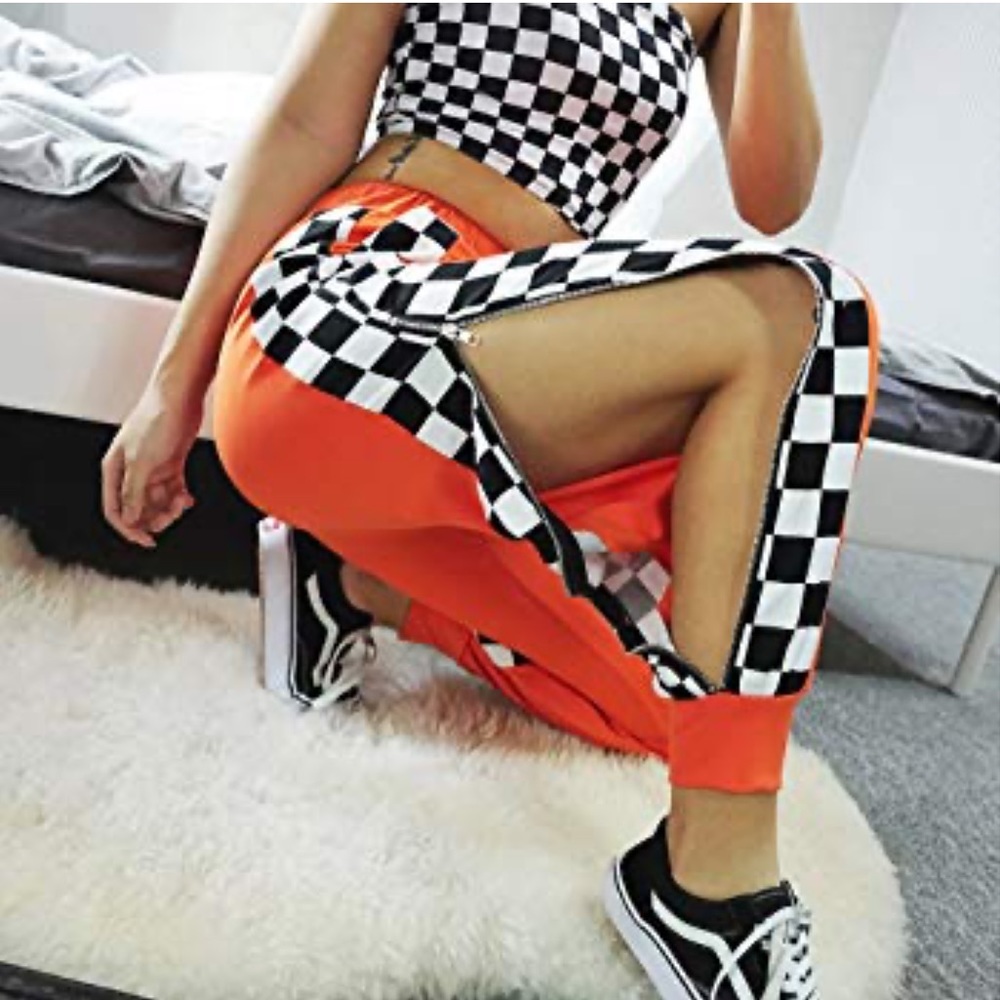 Orange race car checker joggers